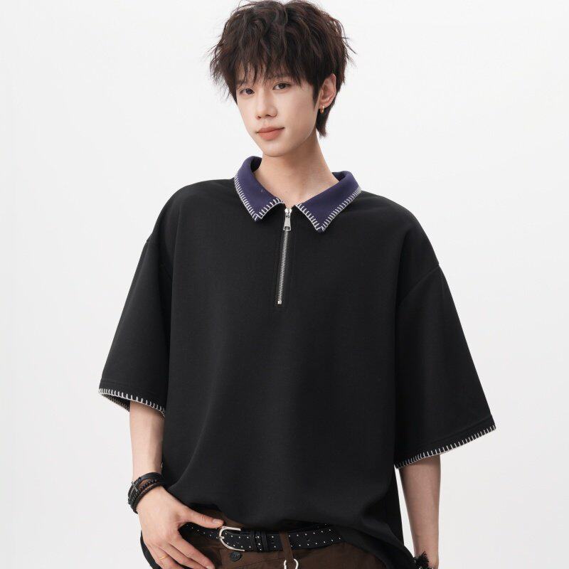 韩版撞色翻领运动衫男女夏季240G重磅潮牌半拉链短袖宽松休闲上衣