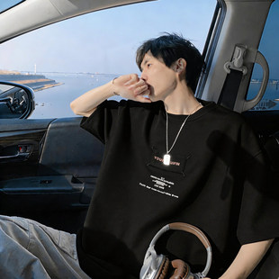 美式复古黑色纯棉重磅短袖t恤男款夏季潮流刺绣宽松大码男生上衣T