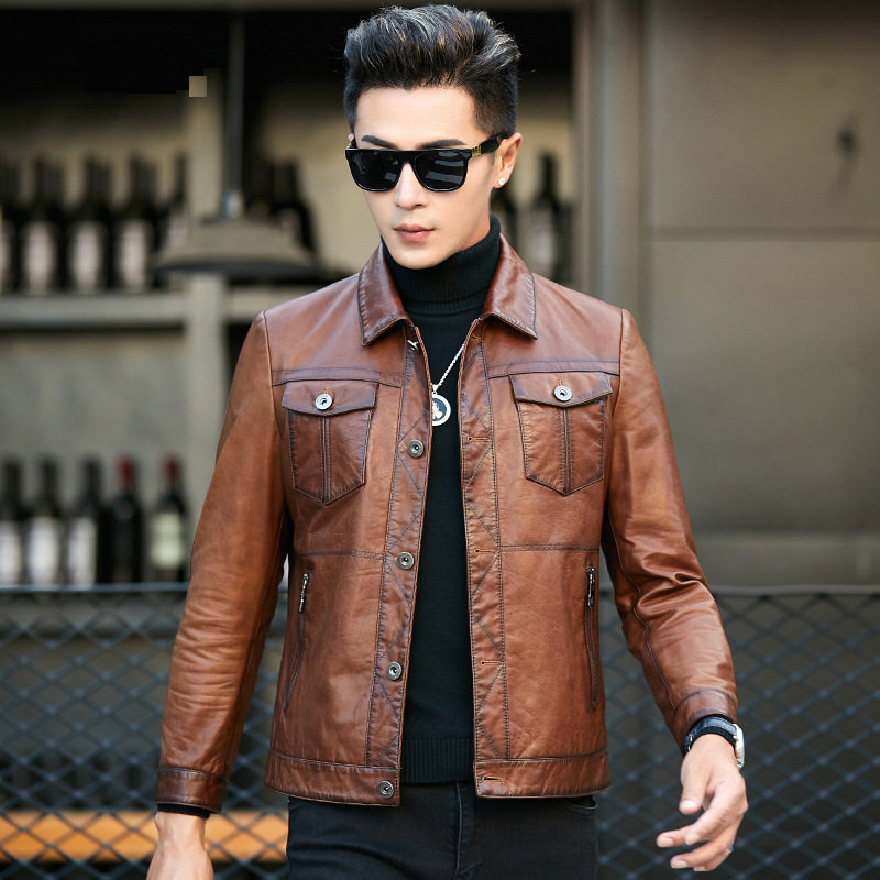 海宁翻领皮衣外套男真皮头层羊皮潮流修身皮夹克油蜡皮机车服外套