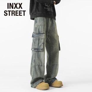男士 秋季 新款 INXX 裤 复古直筒牛仔裤 做旧高街潮流工装 STREET美式