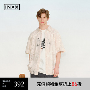 XRF2040948 INXX 烂花格纹面料短袖 衬衣复古风镂空上衣男女同款