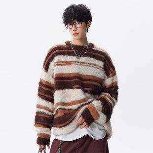 秋冬男慵懒风潮牌宽松毛衣情侣款 复古条纹针织衫 STREET美式 INXX