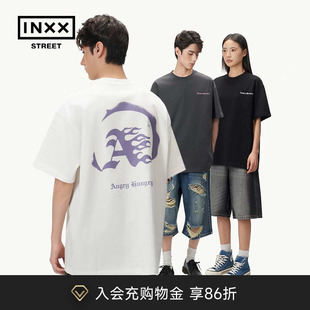 street ANGRY inxx HUNGRY宽松印花T恤情侣上衣男女国潮24夏新品