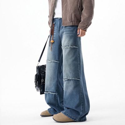 男秋冬新款美式毛边设计宽松裤子