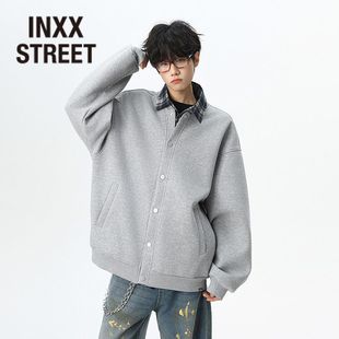 卫衣男款 假两件格纹拼接开衫 秋冬空气层夹克外套 STREET美式 INXX