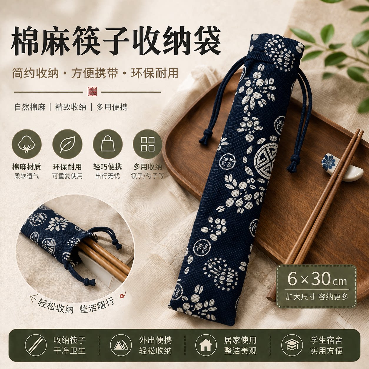 日式便携棉麻收纳袋筷子包图片