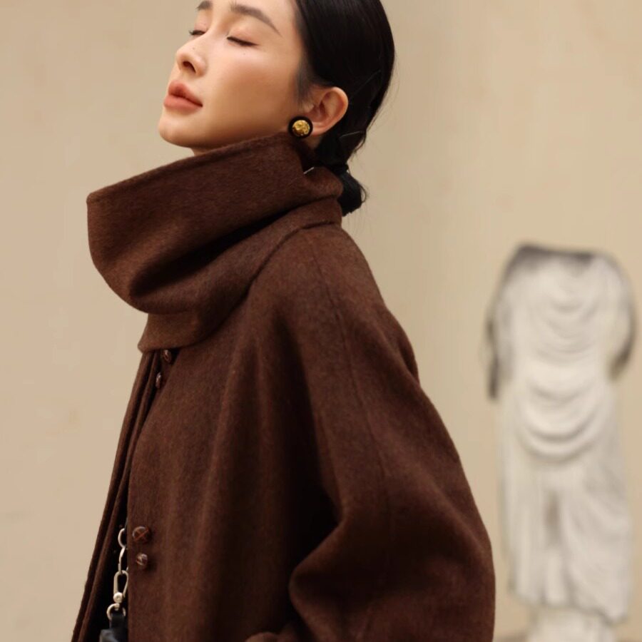 灯笼袖围巾领气质圆领毛呢外套双面羊绒大衣女2024年新款高级感