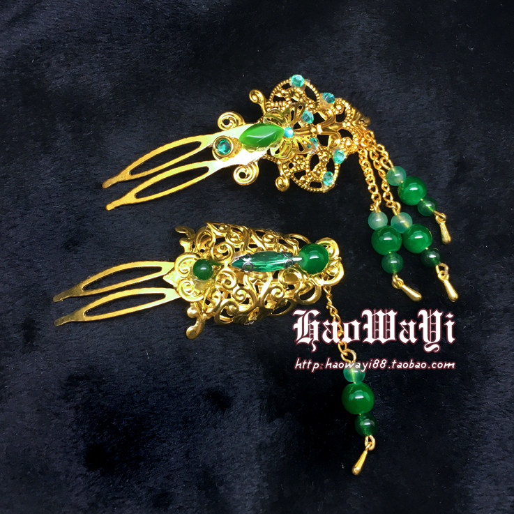 bjd娃娃人偶用发饰迷你金属发簪绿碧流苏镂空古装头饰6.6cmx2.5cm