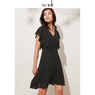 服饰 中长款 女装 女波点碎花荷叶袖 雪纺连衣裙 新款 万丽