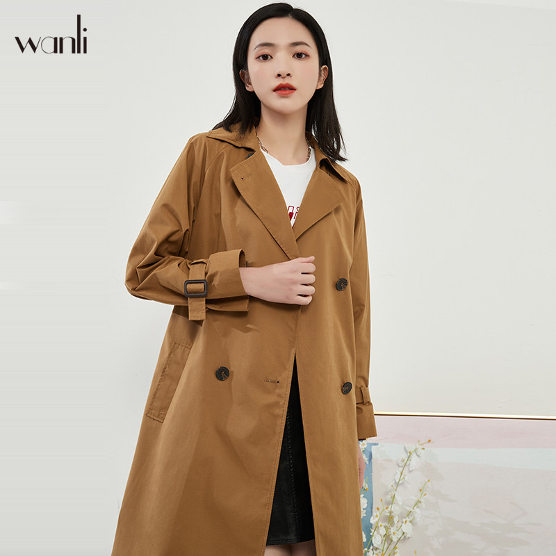 万丽女装外套女新款简约时尚休闲大气双排扣系带风衣