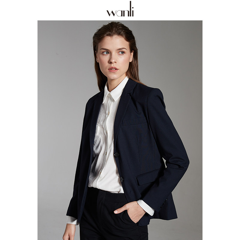 万丽(服饰)女装 西装外套女2020春季新品通勤气质蓝色条纹西装