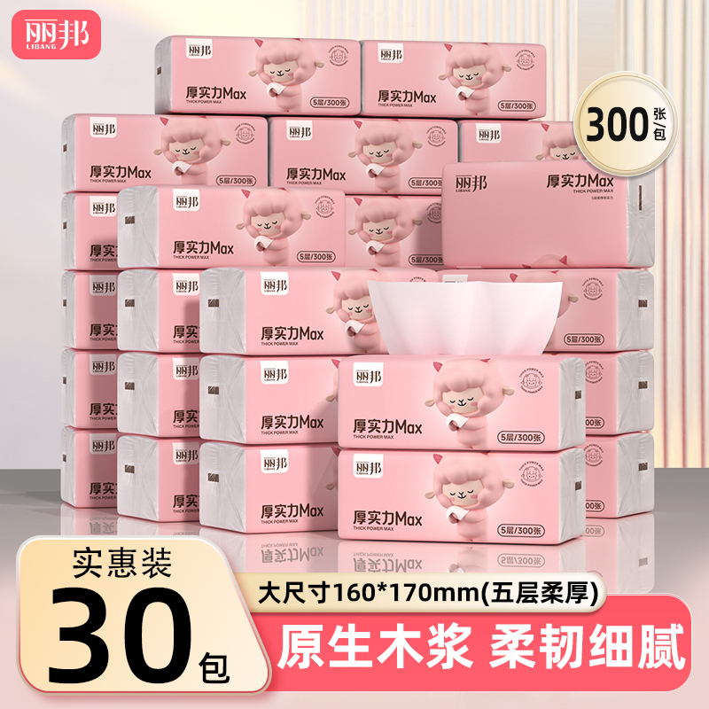 丽邦大尺寸抽纸30包整箱家用
