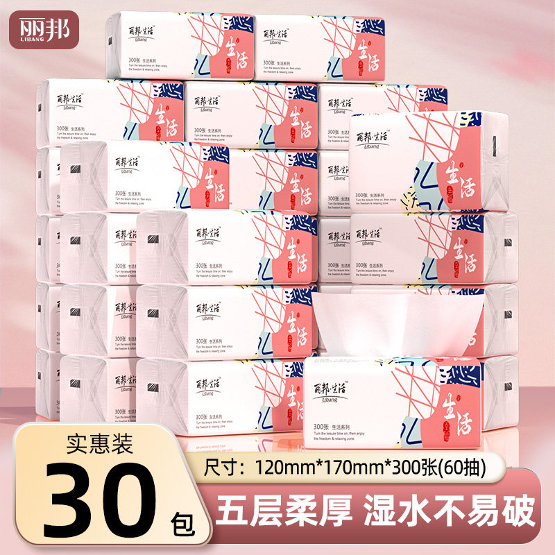 丽邦抽纸整箱家用实惠装卫生纸餐巾纸面巾纸抽式擦嘴纸300张/包