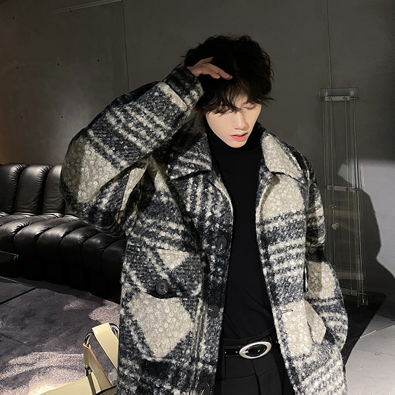 潮牌冬季时尚男装毛呢大衣厚款保暖宽松外套格子毛绒夹克呢子大衣