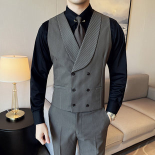 酒吧KTV台球厅教练服务员工作服男士双排扣条纹西装马甲裤子套装