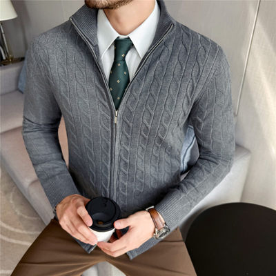 秋冬商务时尚麻花条纹拉链加厚保暖毛衣开衫半高领粗毛线衣外套男
