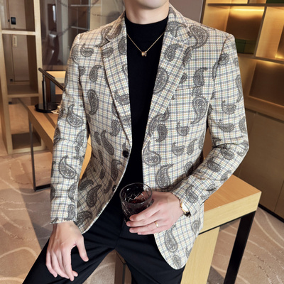 秋冬潮流时尚英伦男装修身痞帅百搭提花西装花色西服休闲外套
