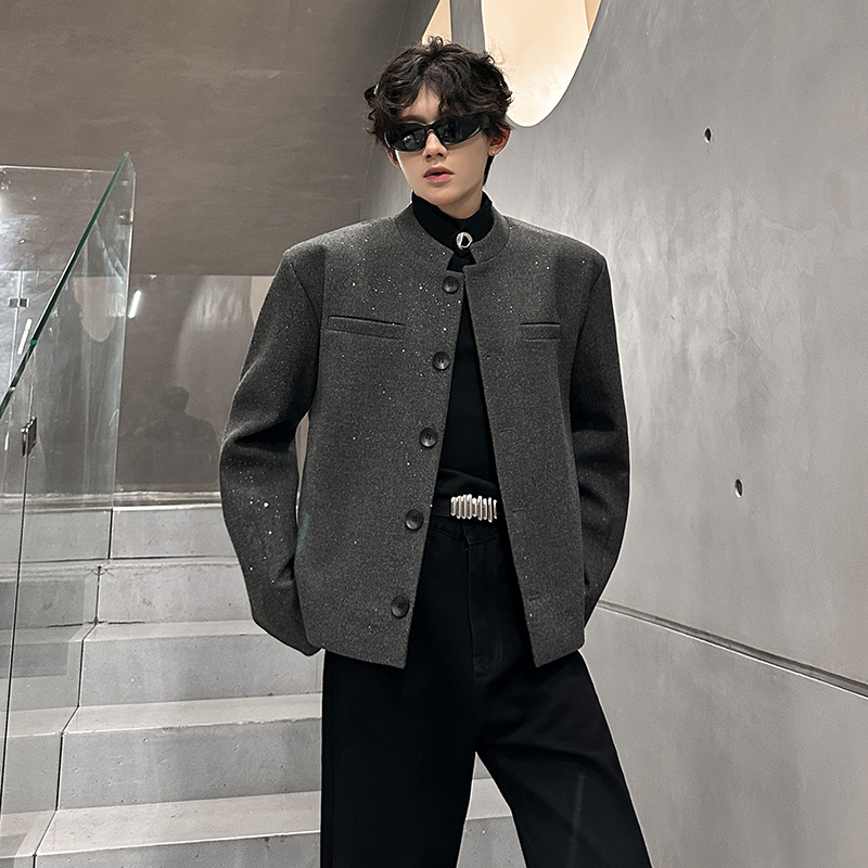 潮牌时尚撒银花色呢料立领短款加厚宽松西装外套夜店痞夹克小西服