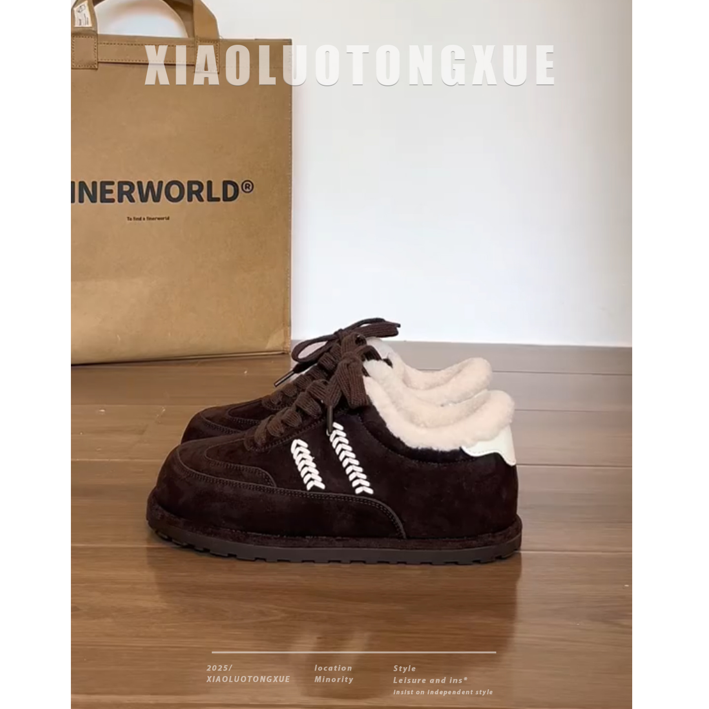 勃肯鞋女2025年加绒新款轻便百搭软底系带休闲真皮冬季毛毛鞋棉鞋