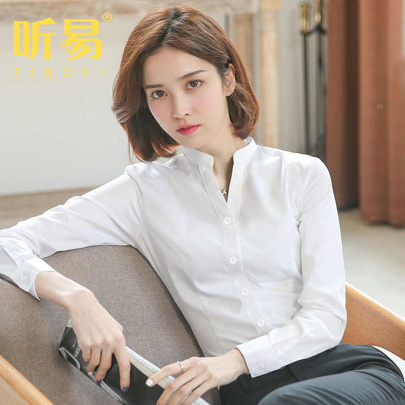 立领白色衬衫女长袖新款职业衬衣