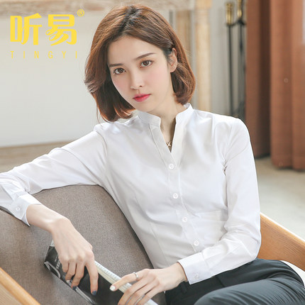立领白色衬衫女长袖秋冬新款职业工作服正装收腰工装上衣V领衬衣