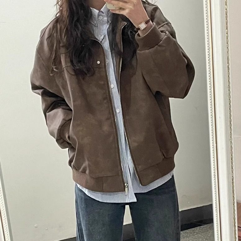 美式复古情侣装棕色棒球服外套2025新款秋冬oversize高级感皮衣女