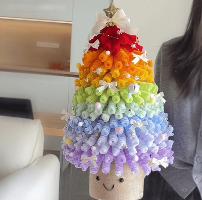 扭扭棒超大彩虹多巴胺圣诞树diy材料包自制手工编织大号抱抱桶花