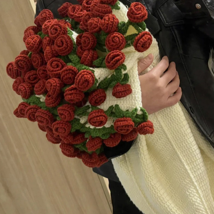 手工编织玫瑰铃兰花束毯子成品