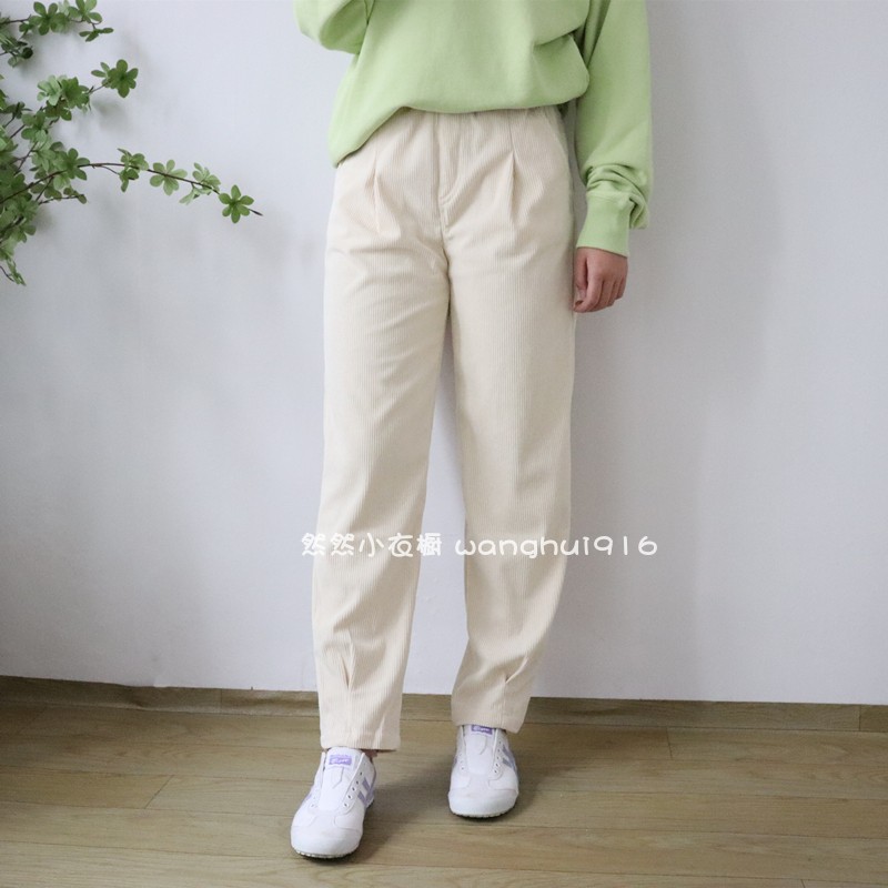 不退换春秋韩版哈狗女童灯芯绒哈伦裤 中大童装奶油白坑条萝卜裤