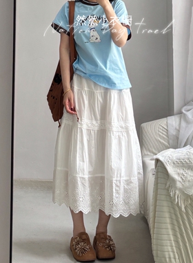 白色蕾丝半身裙~女中大童钩花镂空A子中长款半身裙子 初高中亲子