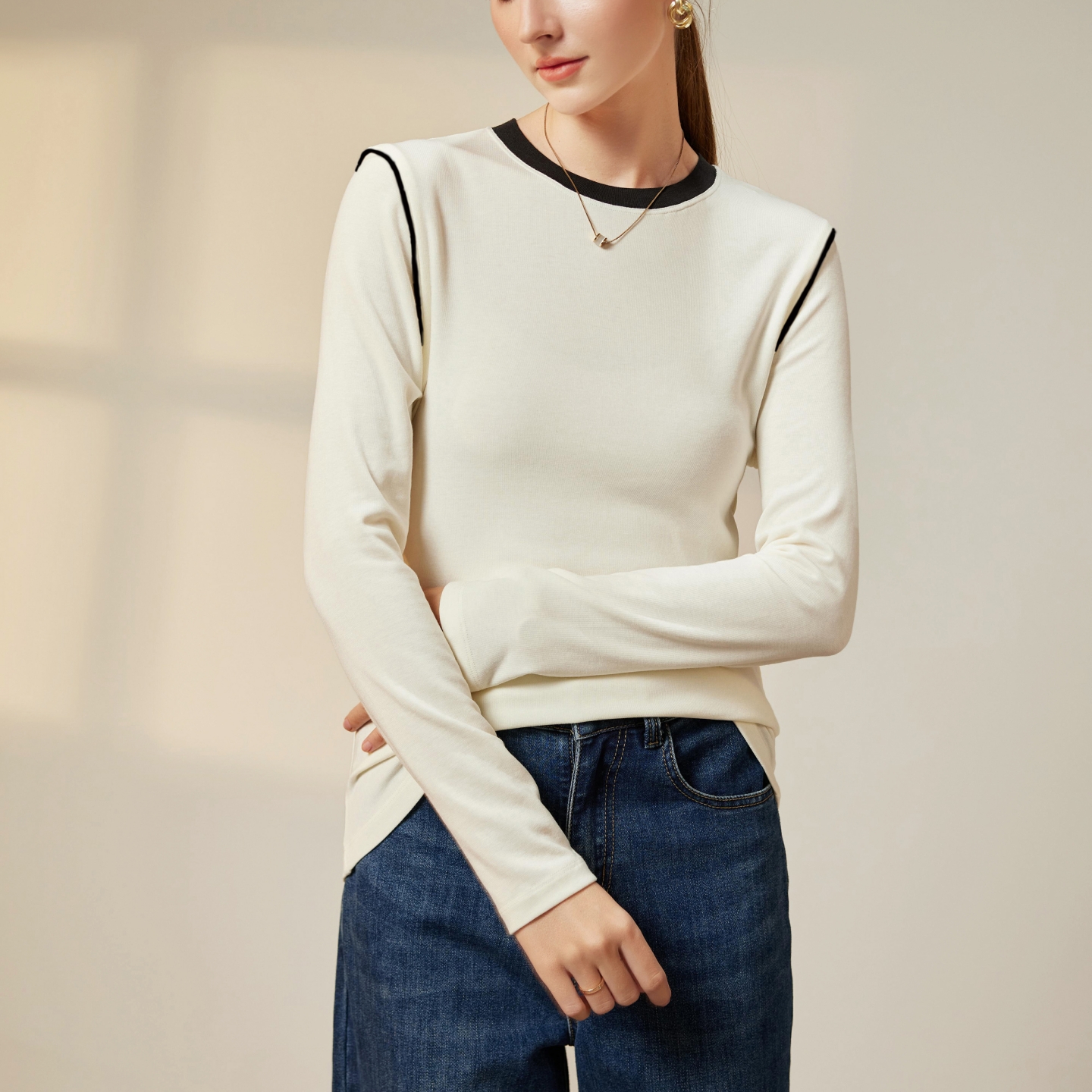 醋酸羊毛天丝打底衫~成人少女黑白撞色圆领T恤 巨软弹力大 初高中