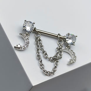 F-136钛合金乳钉链条款月亮吊坠镶锆乳头钉14G情侣防过敏穿刺饰品