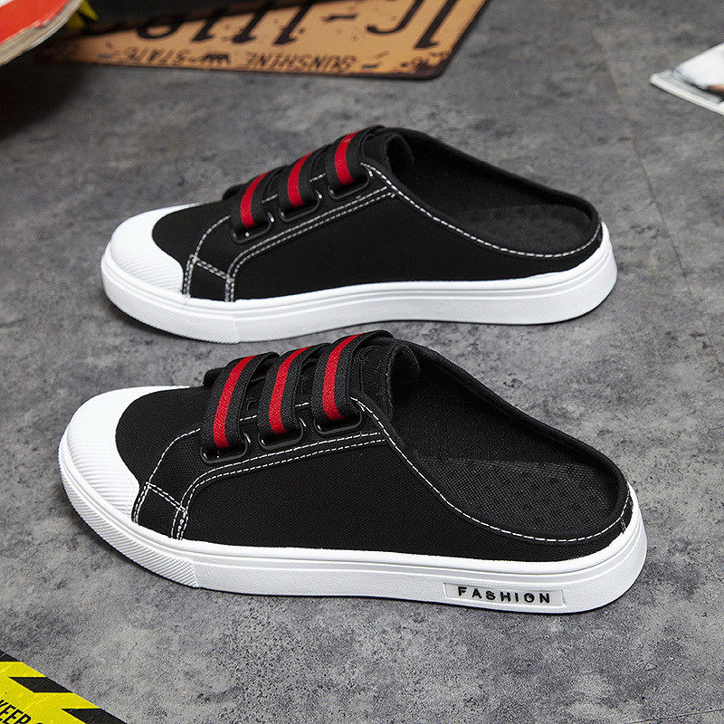 夏季男士拖鞋韩版潮流外穿半拖鞋男帆布无跟懒人一脚蹬包头拖鞋子