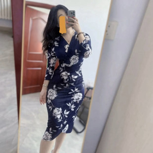 大码中式气质复古连衣裙半袖印花连衣裙修身显瘦性感女人味中长裙
