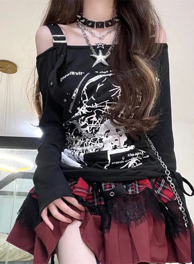 大码亚文化哥特朋克y2k千禧辣妹抽绳印花T恤女宽松显瘦长袖上衣潮