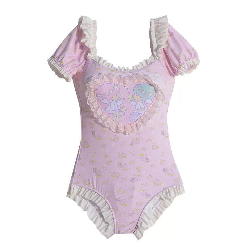 大码日系可爱甜美泳衣粉色少女花边连体三角裤泡温泉度假ins泳装