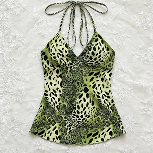 大码 清新度假风绿色豹纹系带挂脖背心遮肉显瘦内搭打底外穿上衣女