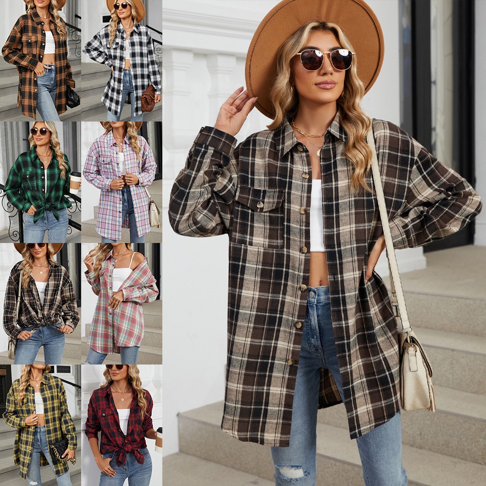 亚马逊欧美跨境外贸秋冬 风格子衬衫磨毛长袖衬衣