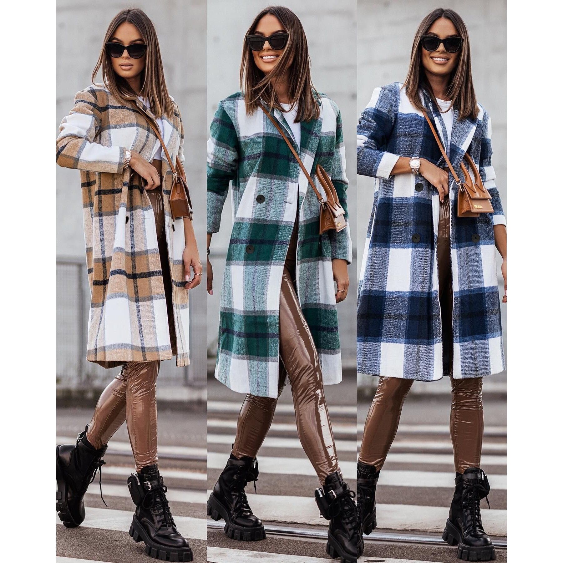 年跨境外贸秋冬新款女士时尚休闲长款毛妮格子风衣外套