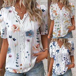 Summer printed women 印花衬衣女 lace for neck casual shirt