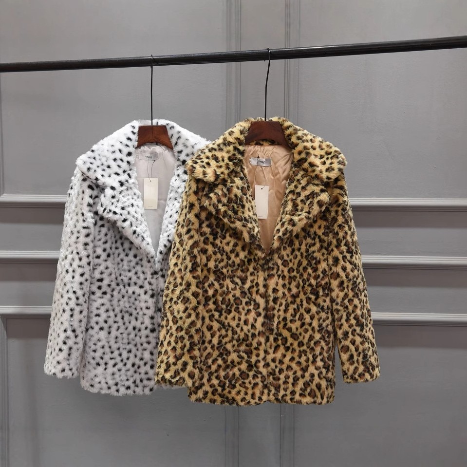 新款仿皮草 韩版仿皮草中长款西服性感雪白豹纹仿皮草外套黑白选