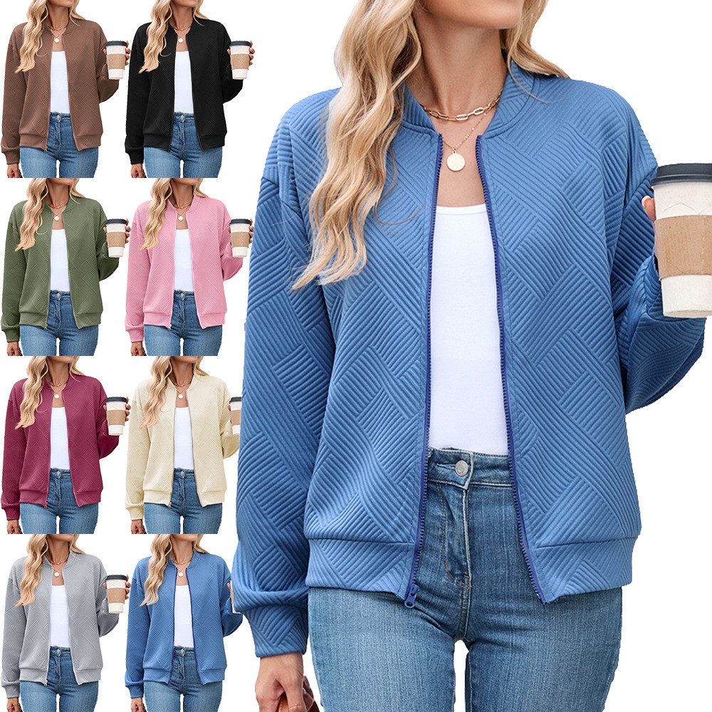 亚马逊欧美跨境外贸秋冬新款纯色圆领拉链宽松长袖卫衣棒球服