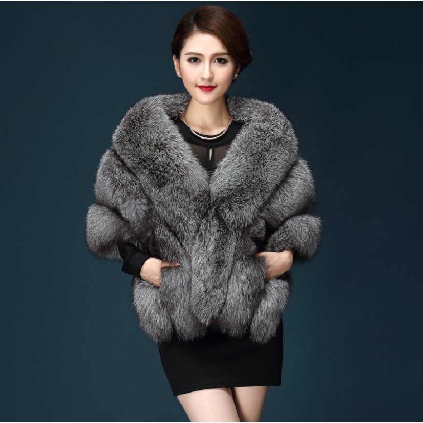 海宁皮草厂家秋冬新款仿狐狸毛皮草披肩马甲外套斗篷女带口袋