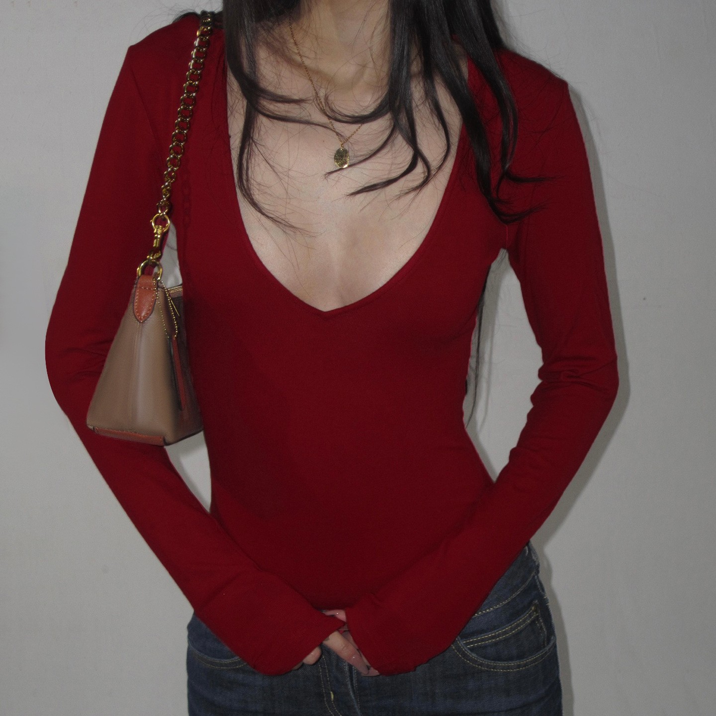 美式复古纯色性感领修身显瘦长袖连体衣街头辣妹风打底恤上衣女