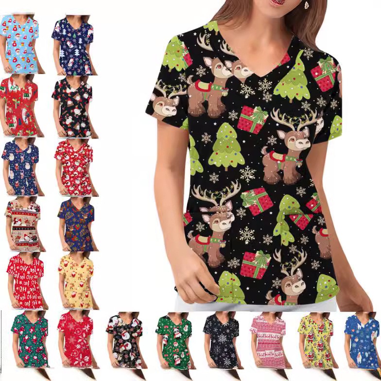 欧美新款护士装圣诞印花衬衫领短袖打底恤女装大量现货