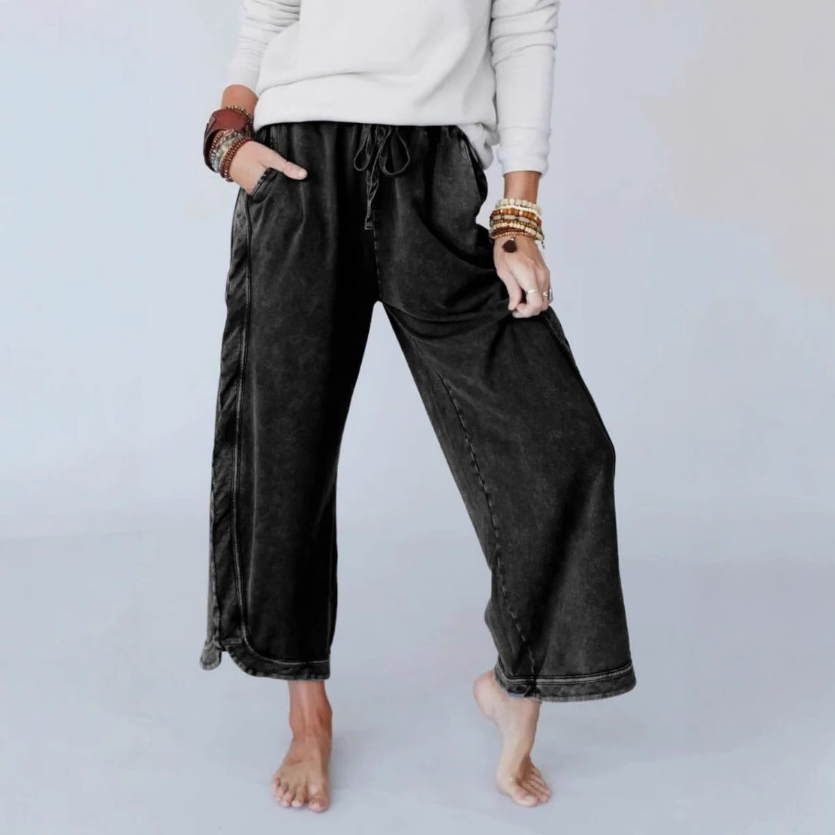 欧美亚马逊独立站复古水洗做旧时尚休闲抽绳长裤