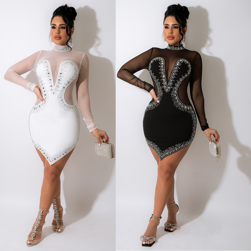 跨境夏季新品亚马逊欧美女装烫钻网纱透视长袖不规则连衣裙