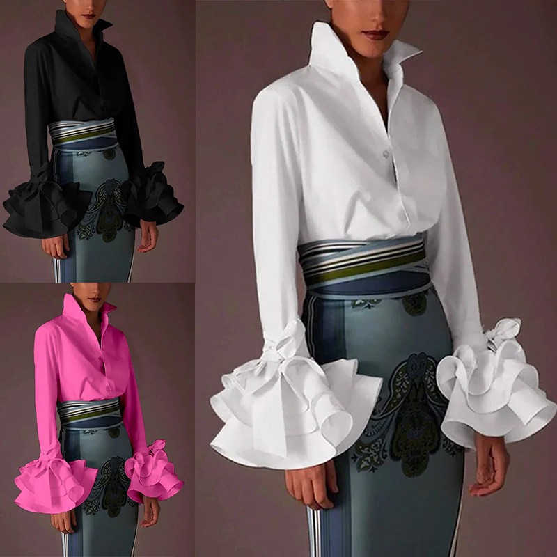 欧美跨境秋季新款女士纯色修身休闲荷叶袖衬衫上衣 现货