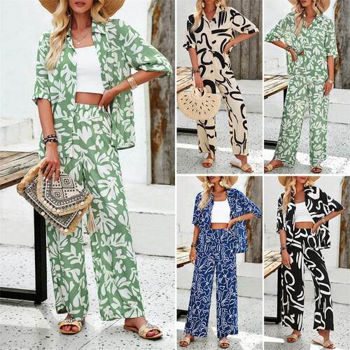 女人棉套装 Spring Viscose Set Casual Short Sleeve Long Pants