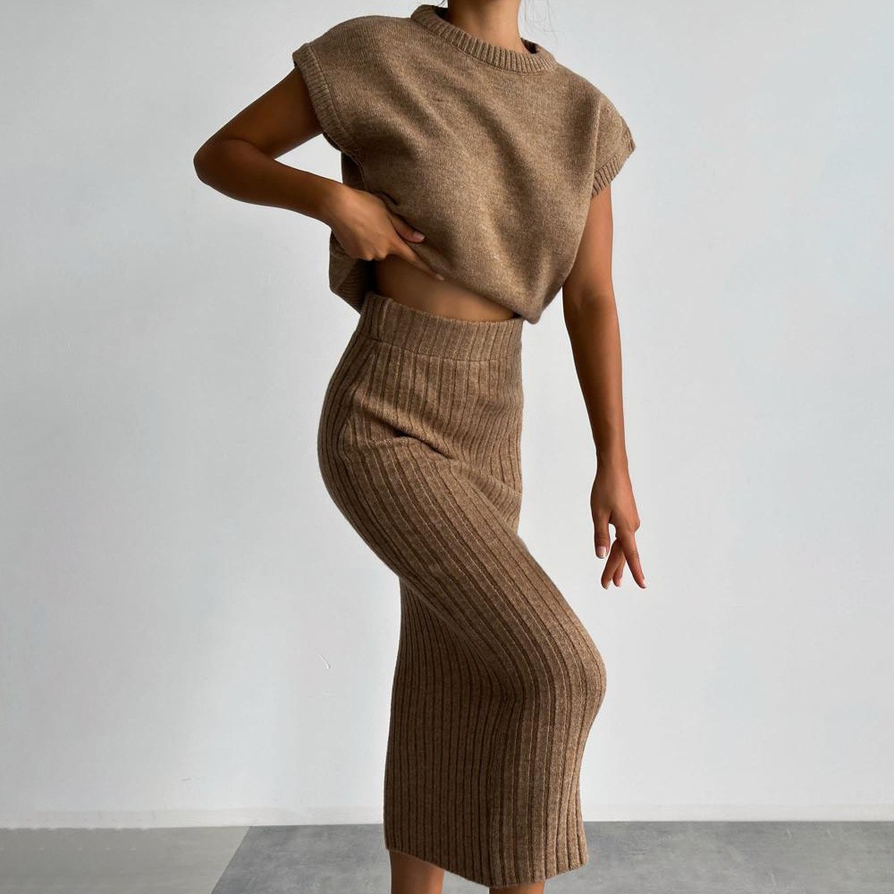 欧美跨境独立站亚马逊爆款毛衣套装女无袖套头上衣修身长裙